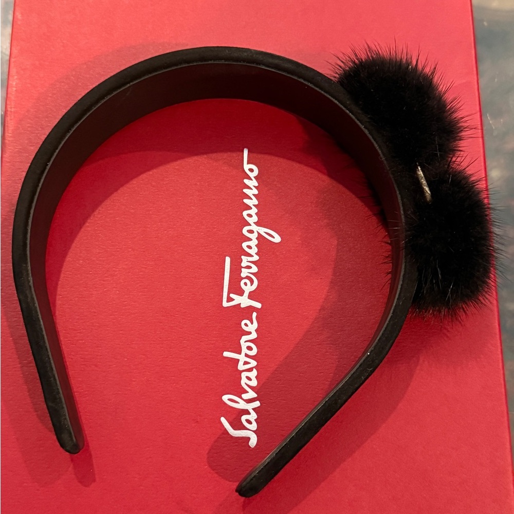 NWOT Rare Salvatore Ferragamo Elegant Black Pom Pom Headband - leather and mink.